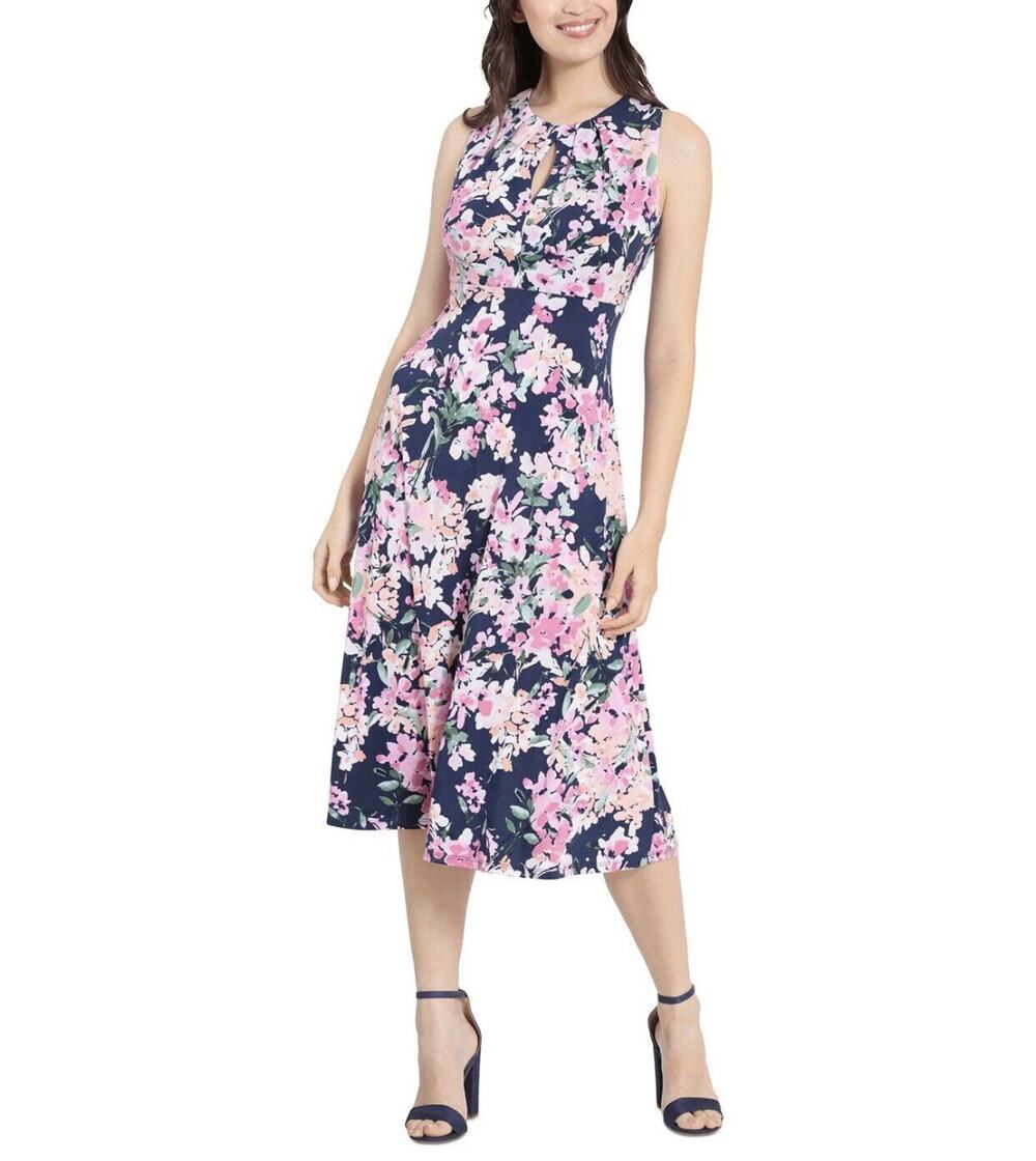 London Times Petites Navy Pink Sleeveless Floral Dress 10P NWT